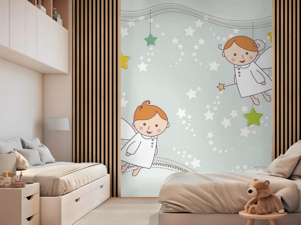 Fototapeta z dwoma uśmiechniętymi aniołkami i kolorowymi gwiazdkami - nowoczesna aranżacja w pokoju dziecięcym