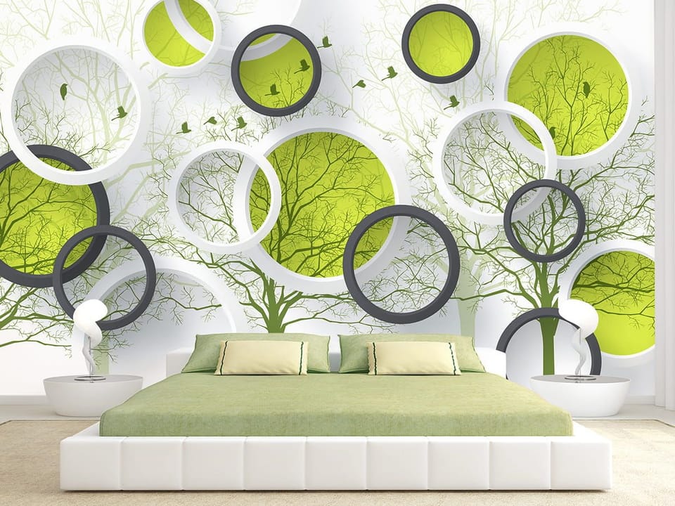 Fototapeta Abstrakcyjne okręgi z zielenią we wnętrzu sypialni