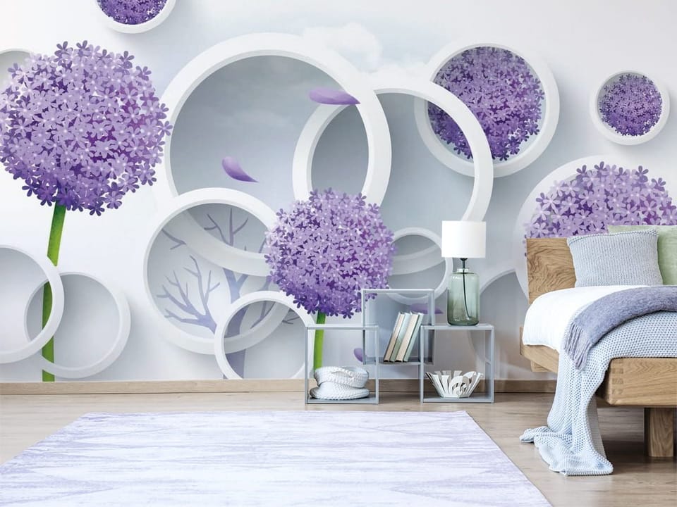 Fototapeta Fioletowe kwiaty w białych okręgach we wnętrzu sypialni