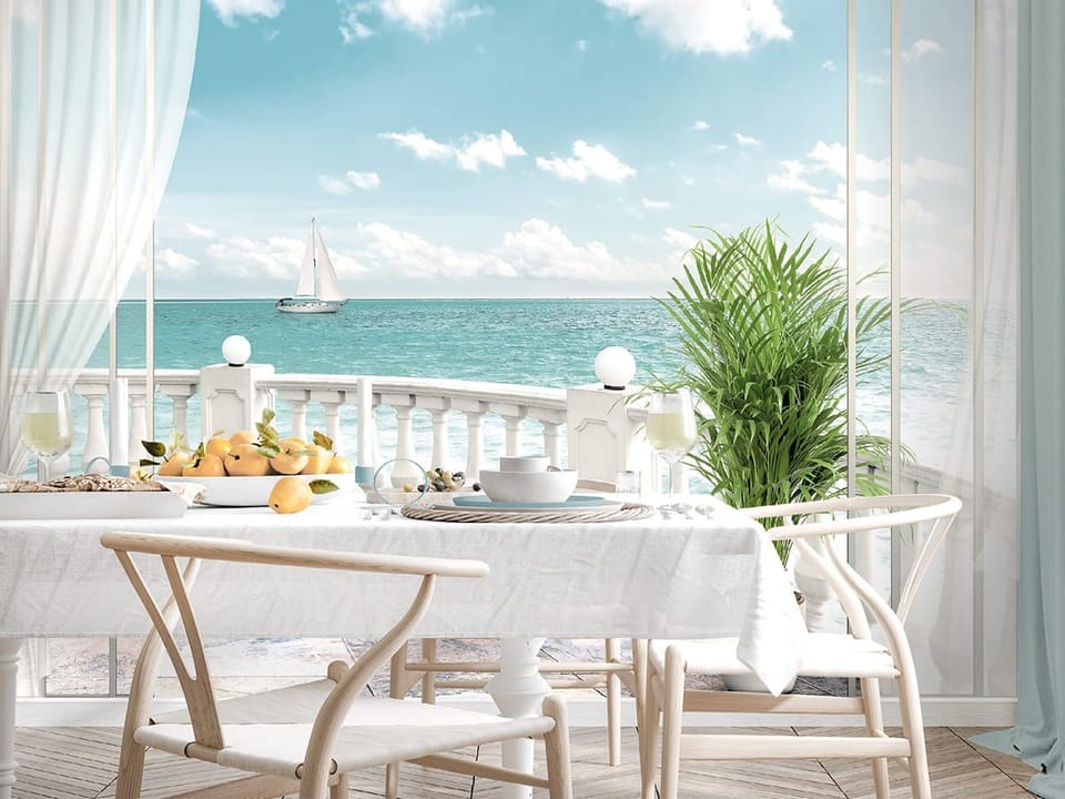 Fototapeta Roślina na tarasie z widokiem na morze we wnętrzu kuchni