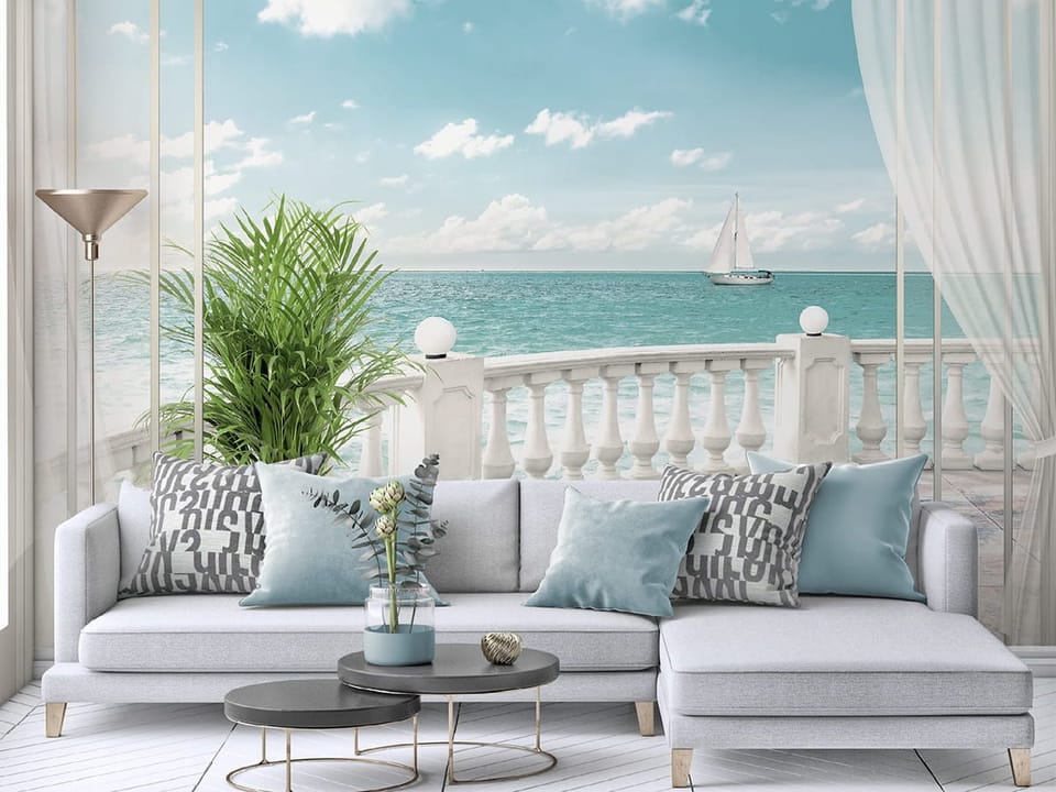 Fototapeta Roślina na tarasie z widokiem na morze we wnętrzu salonu