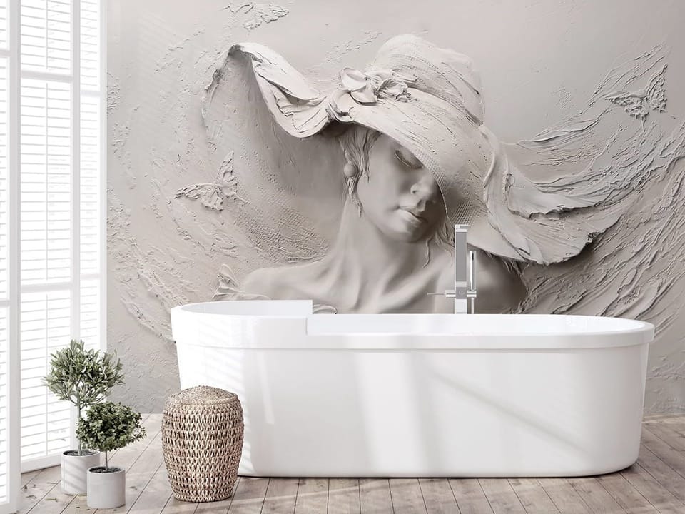 Fototapeta Kobieta w kapeluszu z reliefu we wnętrzu łazienki