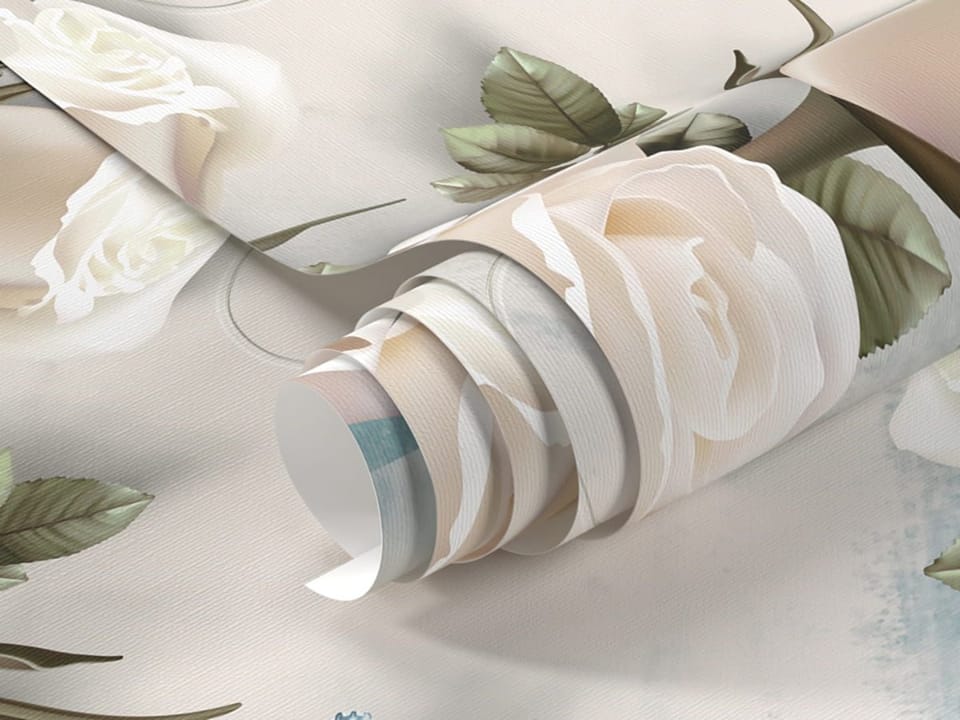 Fototapeta Białe róże z zielonymi liśćmi fragment #1