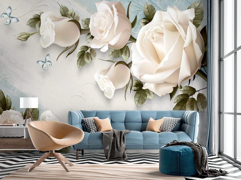 Fototapeta Białe róże z zielonymi liśćmi we wnętrzu salonu