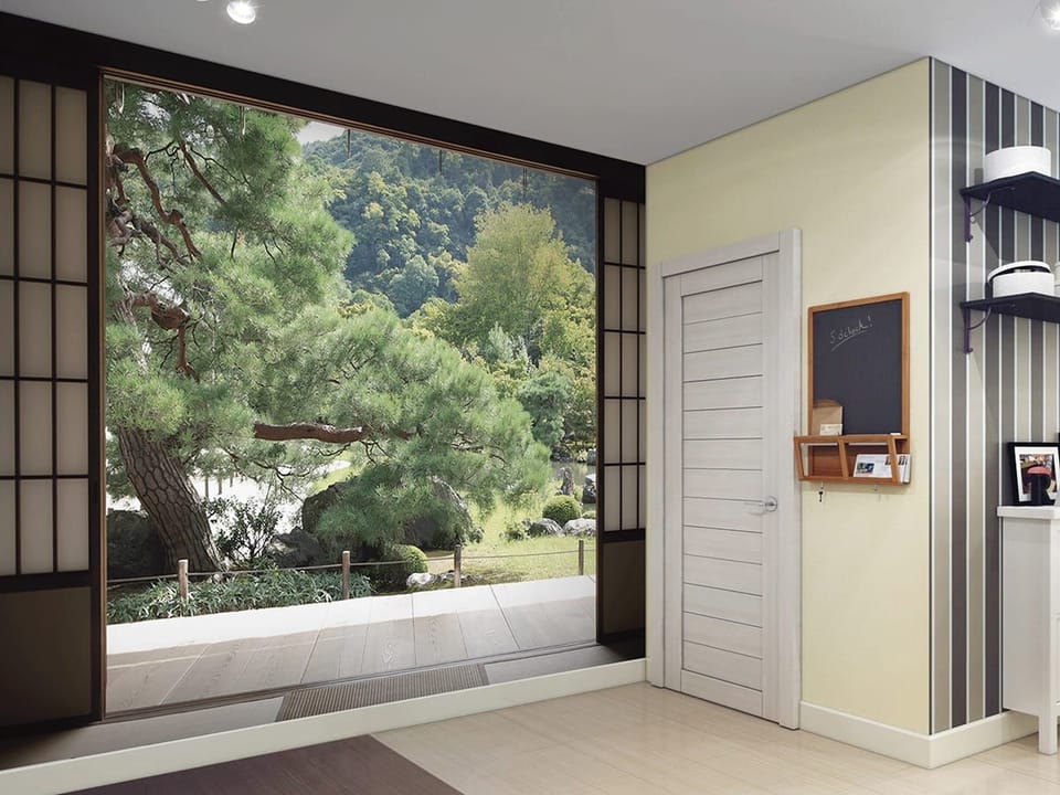 Fototapeta Widok na ogród przez japońskie okno we wnętrzu przedpokoju