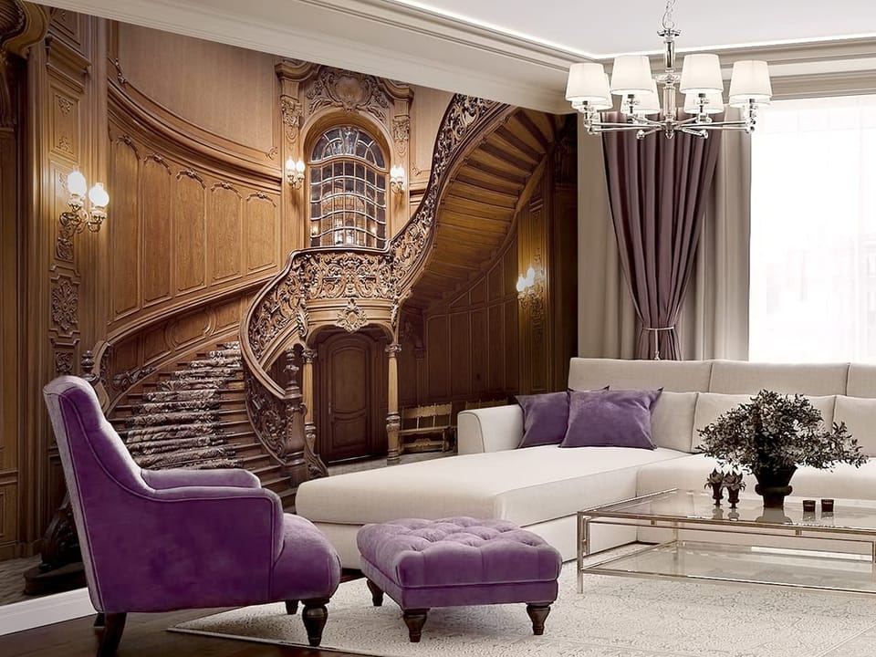 Fototapeta Eleganckie drewniane schody z balustradą we wnętrzu salonu