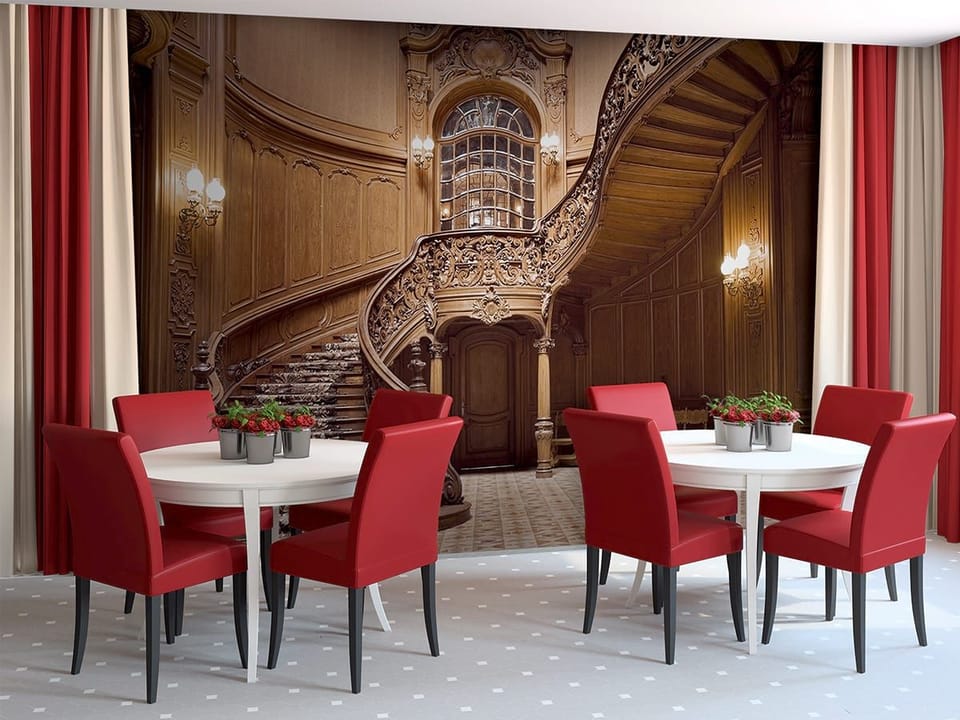 Fototapeta Eleganckie drewniane schody z balustradą we wnętrzu kawiarni