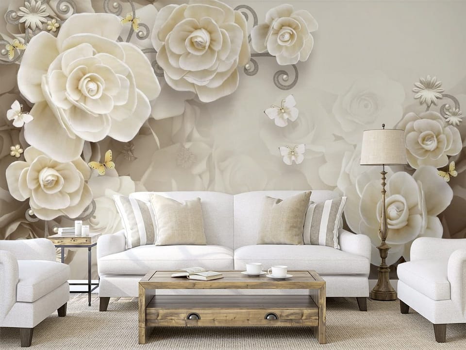 Fototapeta Kremowe róże i delikatne spirale we wnętrzu salonu