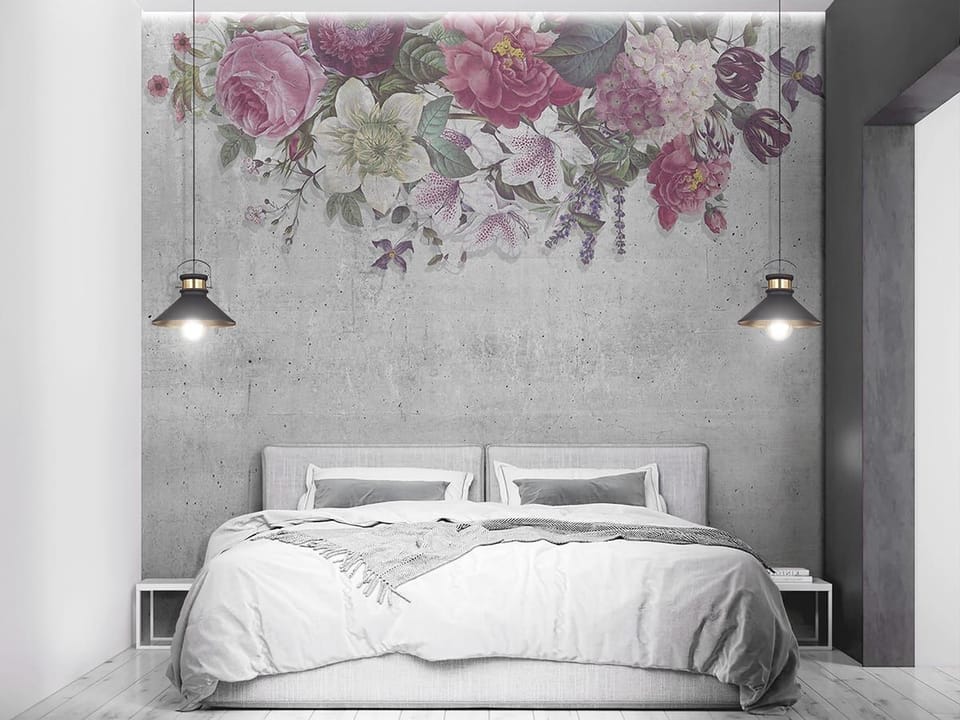Fototapeta Egzotyczne kwiaty na betonie we wnętrzu sypialni