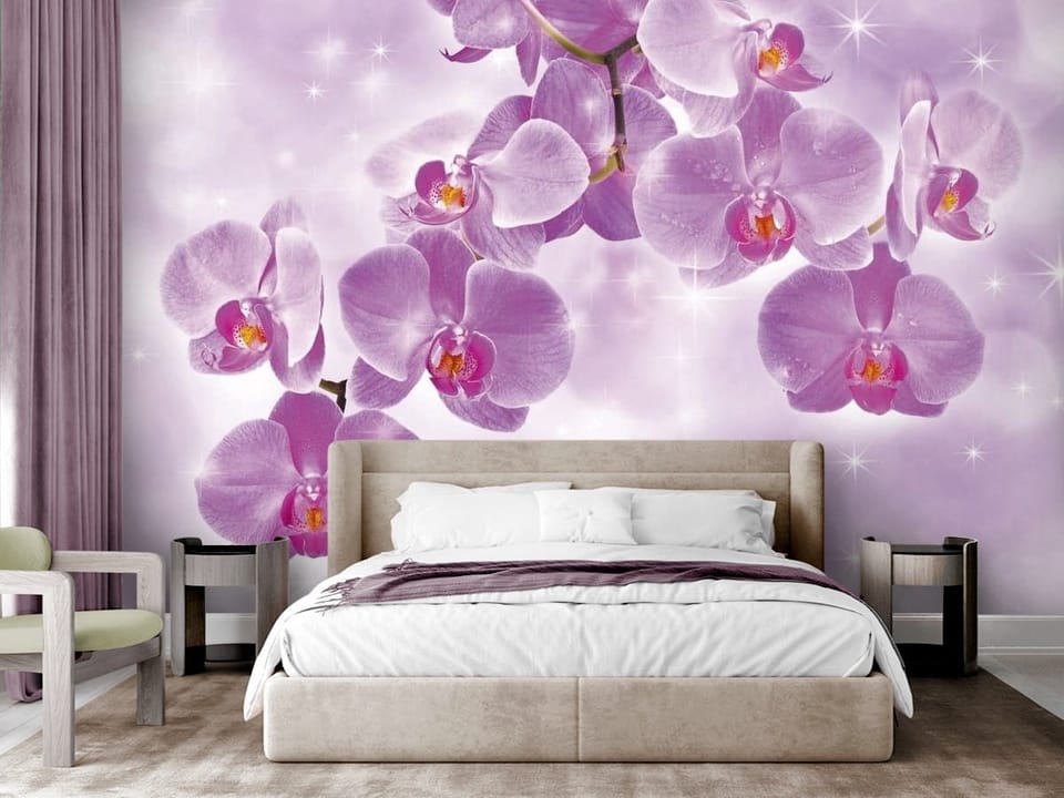 Fototapeta przedstawiająca fioletowe kwiaty orchidei na gałęzi z jasnym tłem - nowoczesna sypialnia w stylu glamour