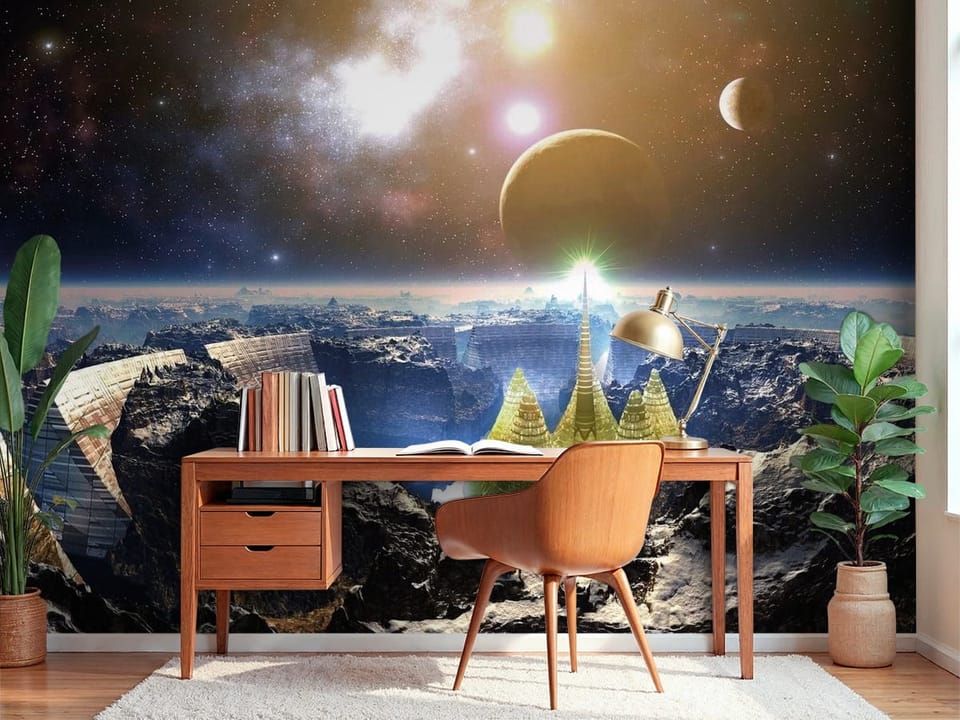 Fototapeta z piramidami na skalistym terenie, gwiazdami i planetami - przytulne biurko w pokoju nastolatka