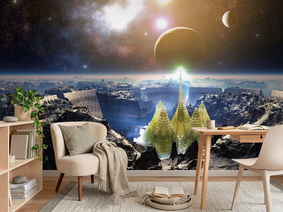 Fototapeta z piramidami na skalistym terenie, gwiazdami i planetami - aranżacja w pokoju nastolatka