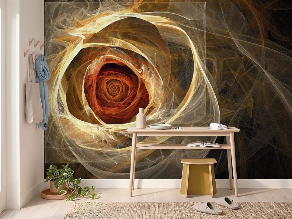 Fototapeta z abstrakcyjną spiralą w odcieniach żółci i brązu na ciemnym tle - inspiracja do przytulnego przedpokoju