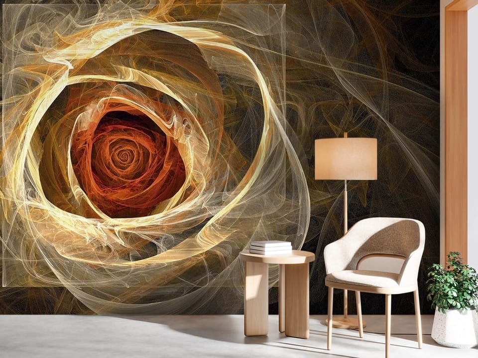 Fototapeta z abstrakcyjną spiralą w odcieniach żółci i brązu na ciemnym tle - minimalistyczny przedpokój w jasnych kolorach