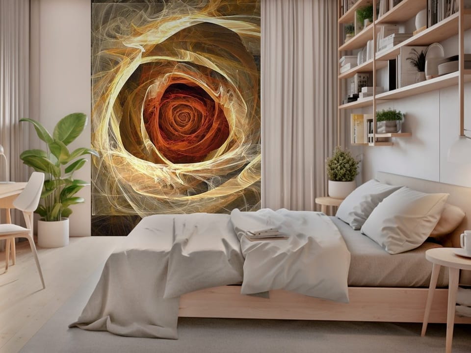 Fototapeta z abstrakcyjną spiralą w odcieniach żółci i brązu na ciemnym tle - piękna aranżacja w sypialni