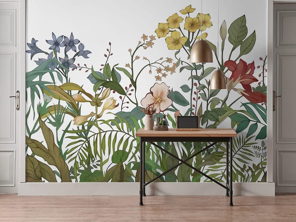 Fototapeta Kolorowe kwiaty na białym tle we wnętrzu przedpokoju