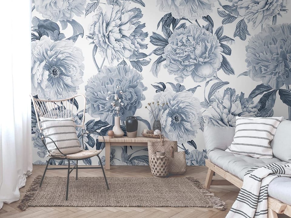 Fototapeta Piwonie na białym tle we wnętrzu salonu