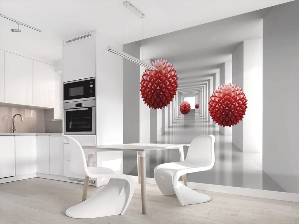 Fototapeta Czerwone kule w białym tunelu we wnętrzu kuchni