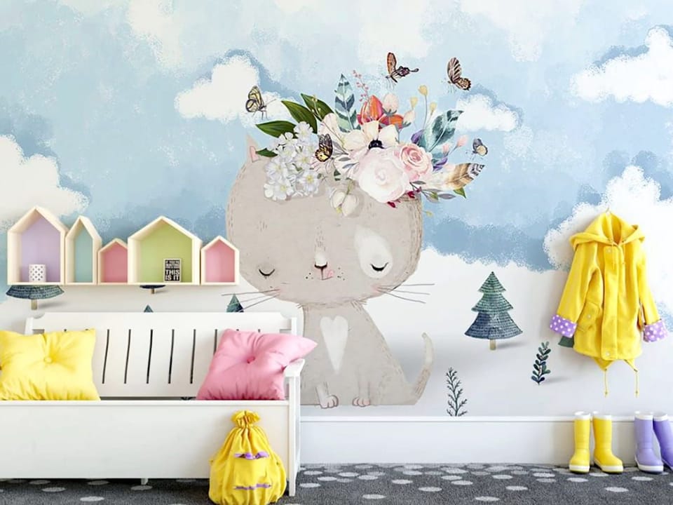 Fototapeta Kot z kwiatami na tle nieba we wnętrzu pokoju dziecka