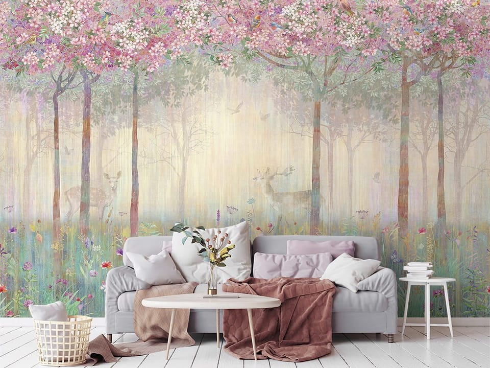Fototapeta Drzewa z Różowymi Kwiatami we wnętrzu salonu