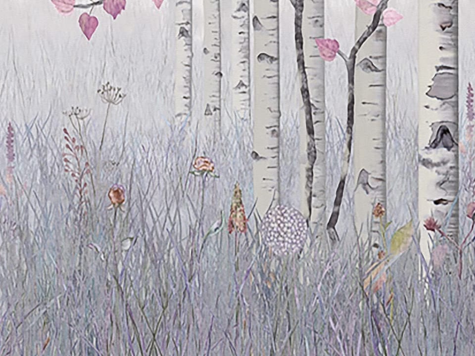 Fototapeta Las brzozowy z różowymi kwiatami fragment #2