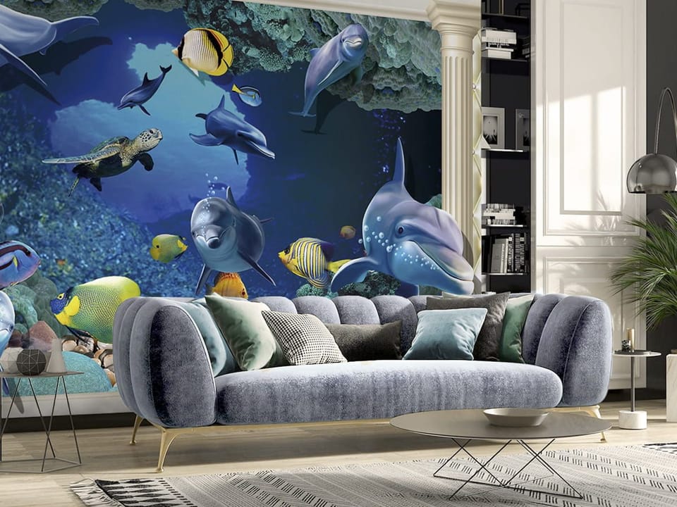 Fototapeta Delfiny i ryby w oceanie we wnętrzu salonu