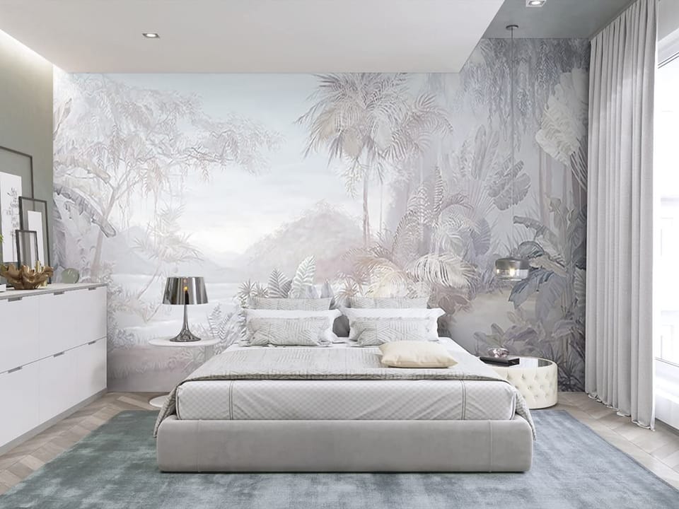 Fototapeta Tropikalna dżungla z palmami we wnętrzu sypialni