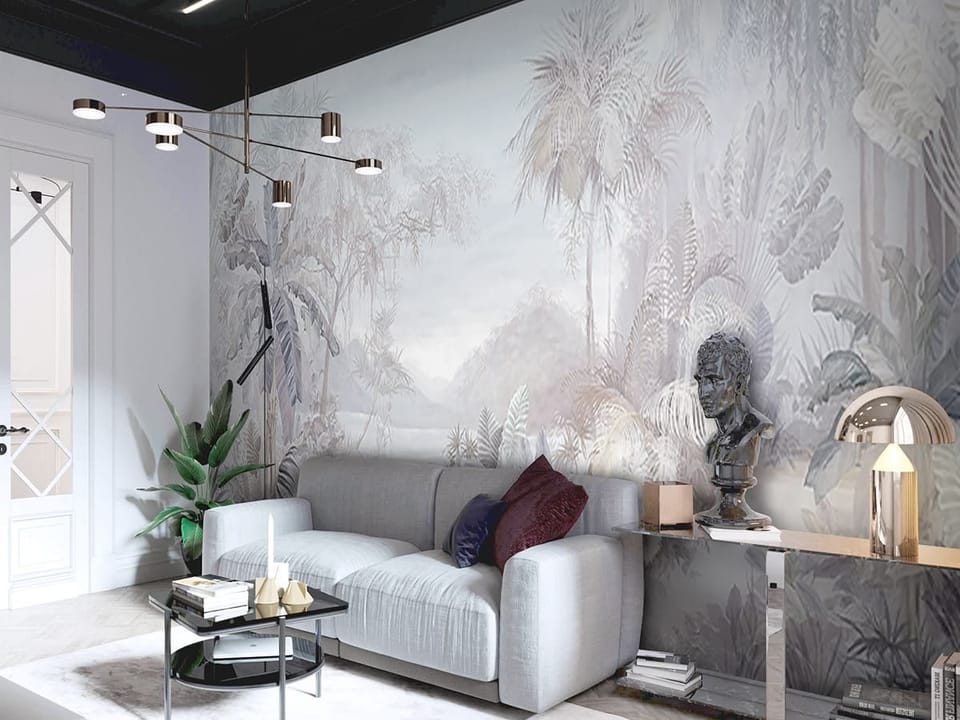 Fototapeta Tropikalna dżungla z palmami we wnętrzu salonu