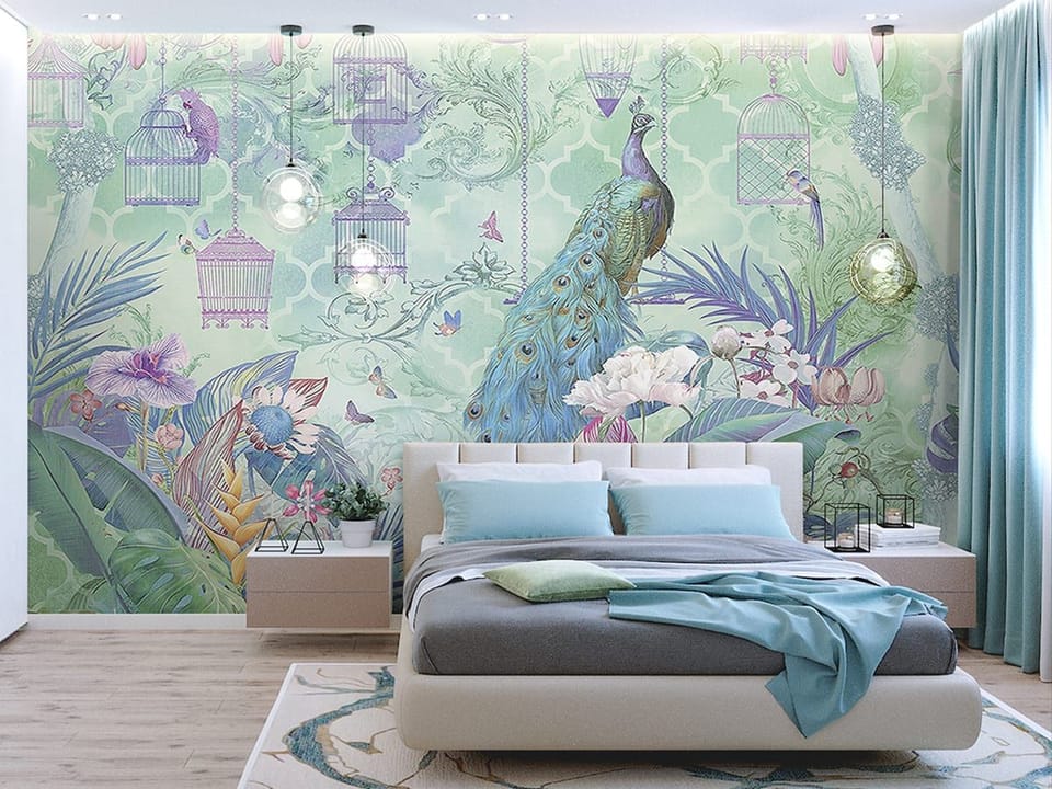 Fototapeta Pawi ogon w tropikalnej scenerii we wnętrzu salonu