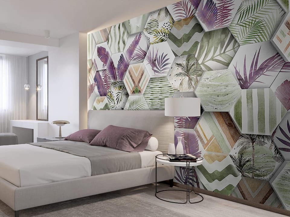 Fototapeta Heksagonalne płytki z liśćmi we wnętrzu sypialni