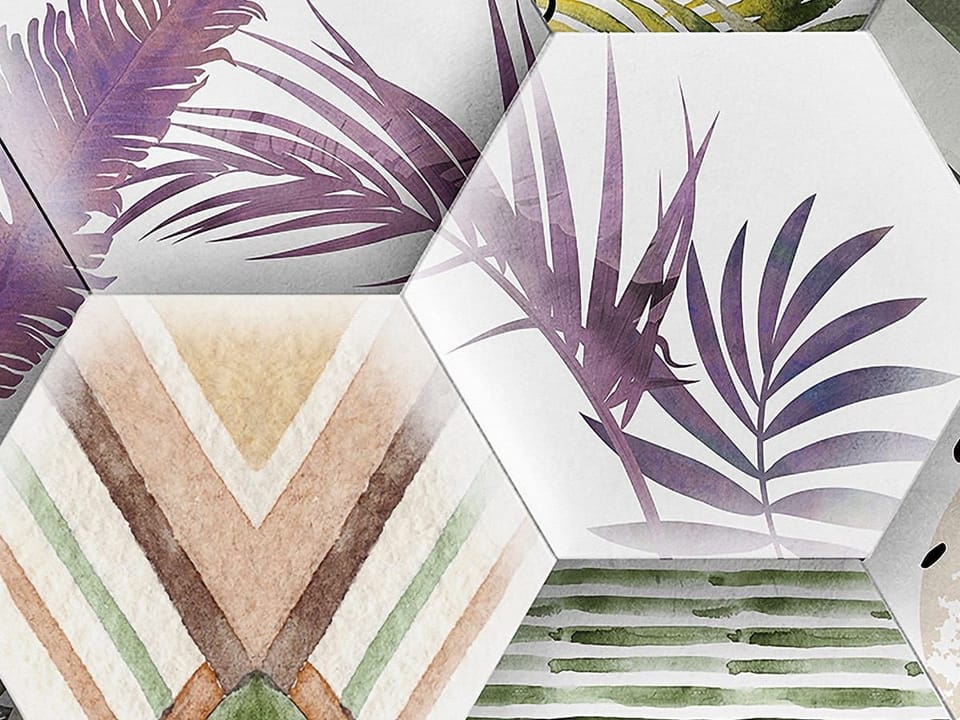 Fototapeta Heksagonalne płytki z liśćmi fragment #1