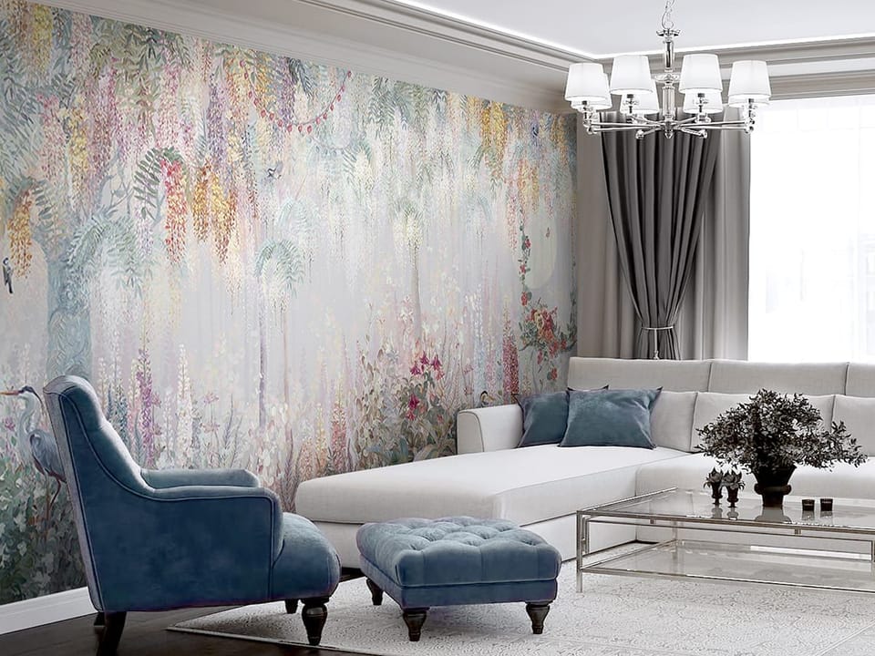 Fototapeta Murale kwiatowe z gęstą roślinnością we wnętrzu salonu