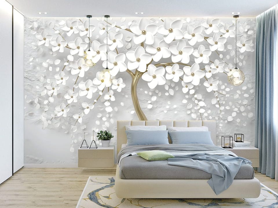 Fototapeta Drzewo z Białymi Kwiatami 3D we wnętrzu sypialni