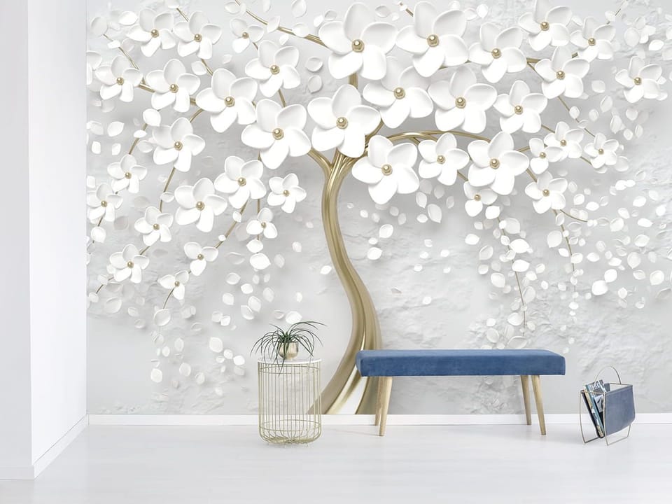 Fototapeta Drzewo z Białymi Kwiatami 3D we wnętrzu przedpokoju