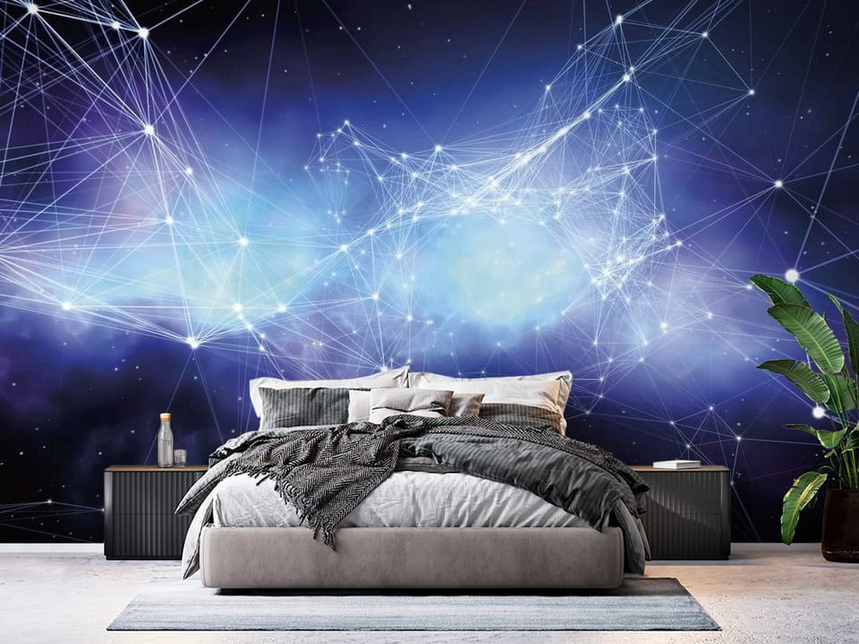 Fototapeta z siecią linii i punktów świetlnych na tle kosmosu - ściana w eleganskiej sypialni