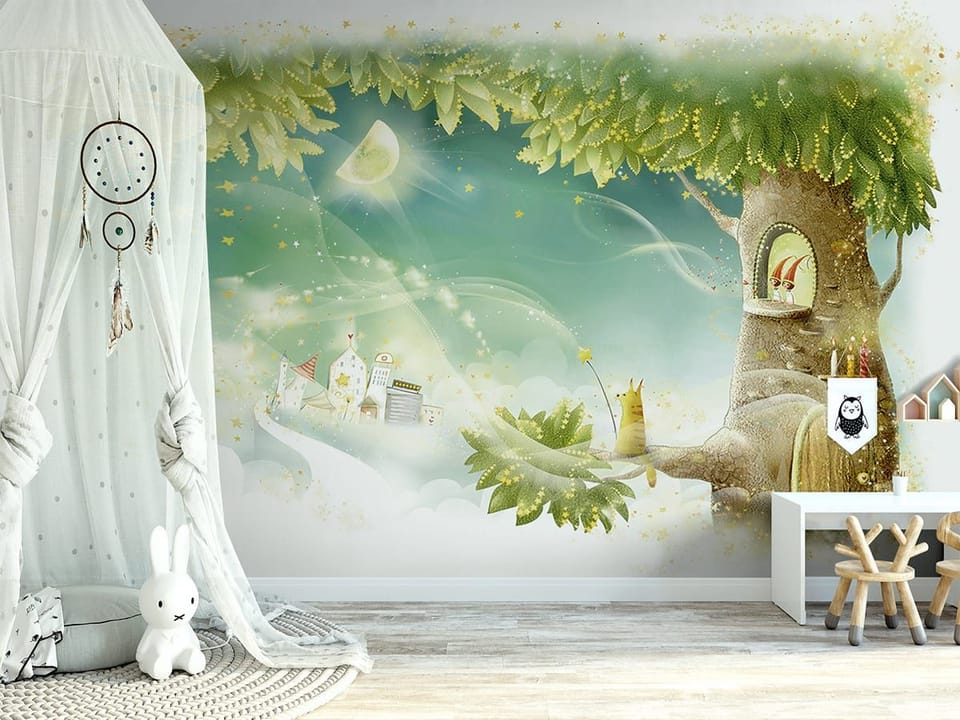 Fototapeta Domek na drzewie z postaciami - aranżacja w pokoju dziecka