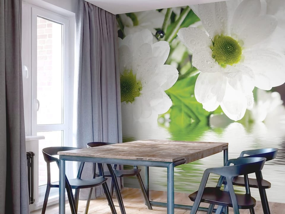 Fototapeta Stokrotki z kroplami wody we wnętrzu kuchni