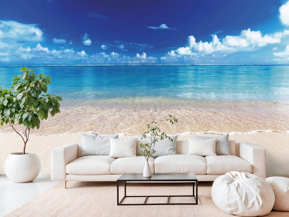 Fototapeta przedstawiająca plażę z białym piaskiem i błękitnym oceanem - salon w białych kolorach