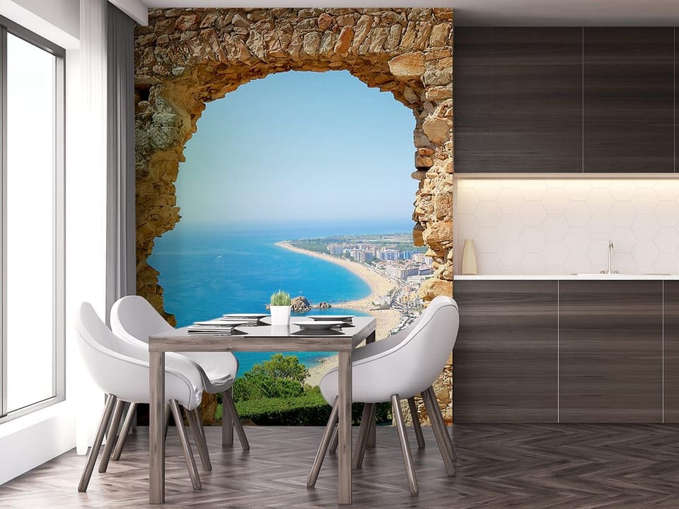 Fototapeta Widok na plażę przez kamienny łuk we wnętrzu kuchni