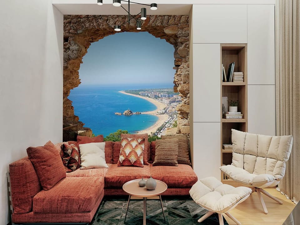 Fototapeta Widok na plażę przez kamienny łuk we wnętrzu salonu
