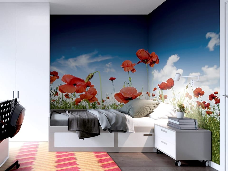Fototapeta Czerwone maki na letniej łące we wnętrzu pokoju nastolatka