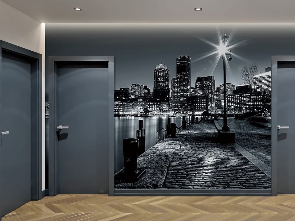 Fototapeta Panorama miasta nocą z lampą - aranżacja w przedpokoju