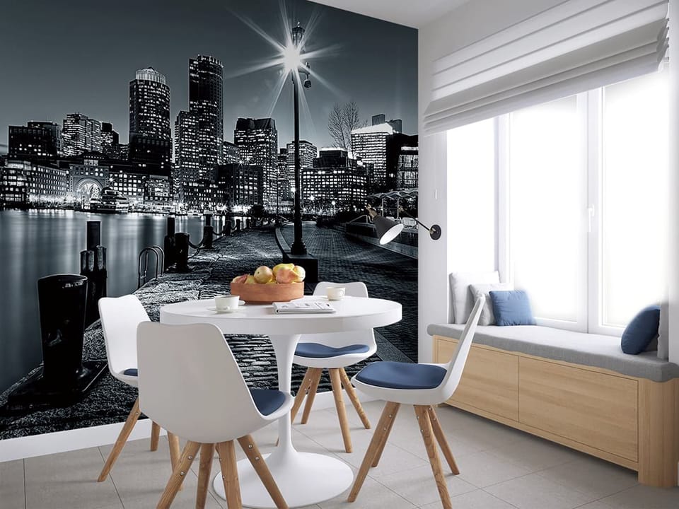 Fototapeta Panorama miasta nocą z lampą - aranżacja w kuchni