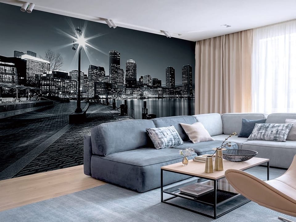 Fototapeta Panorama miasta nocą z lampą - aranżacja w salonie
