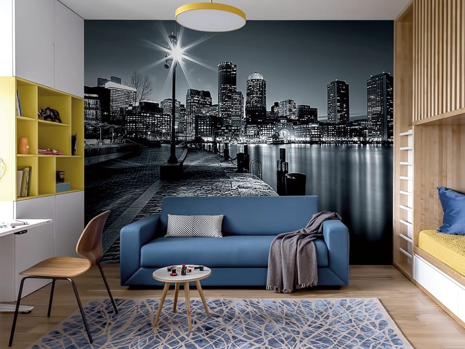 Fototapeta Panorama miasta nocą z lampą - aranżacja w pokoju nastolatka
