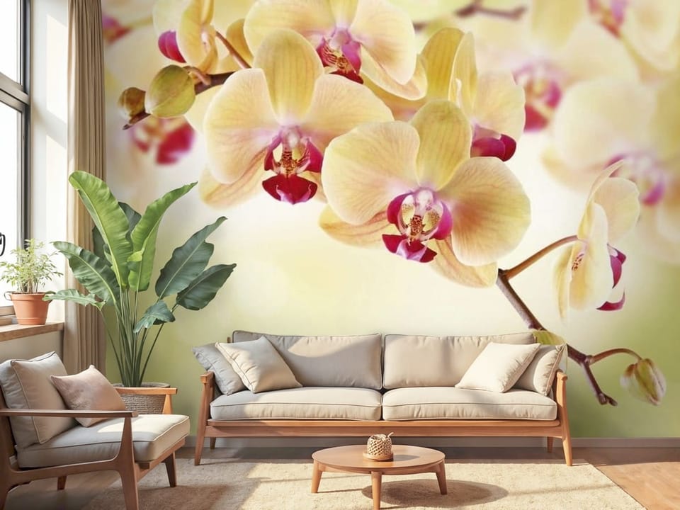 Fototapeta z gałęzią orchidei w pastelowych kolorach na rozmytym tle - piękna aranżacja w salonie
