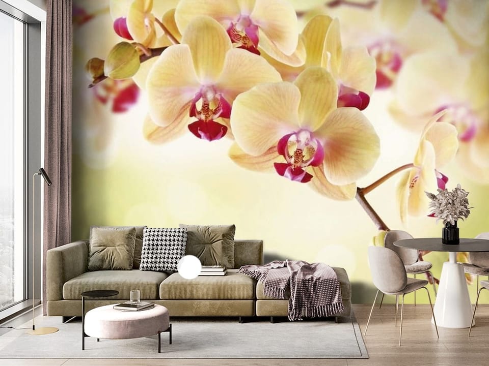 Fototapeta z gałęzią orchidei w pastelowych kolorach na rozmytym tle - ściana akcentowa w salonie z dużym oknem