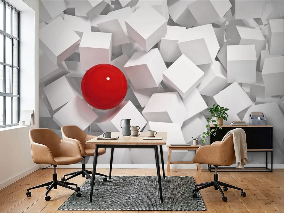Fototapeta z czerwoną kulą wśród białych sześcianów, geometryczne kształty - inspiracja do biura w ciepłych kolorach