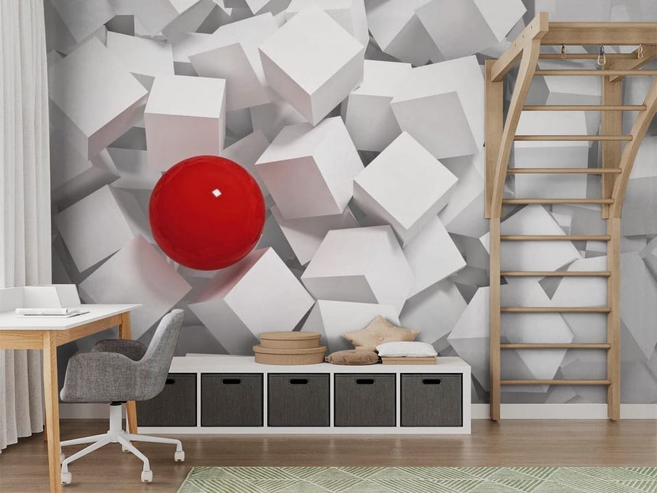 Fototapeta z czerwoną kulą wśród białych sześcianów, geometryczne kształty - nowoczesny pokój nastolatka z modnym akcentem