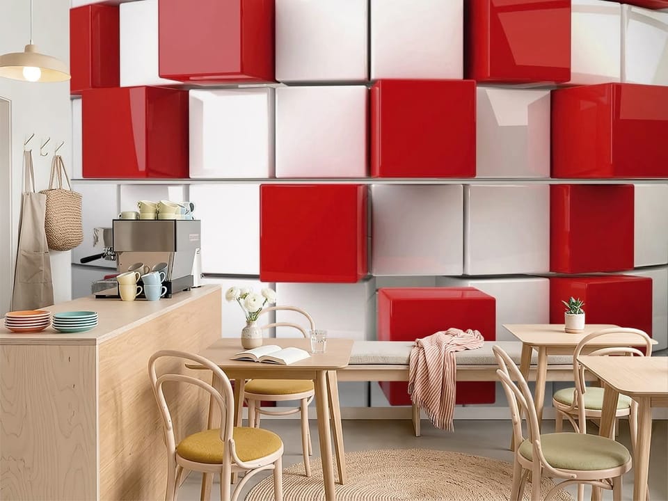 Fototapeta z czerwonymi i białymi sześcianami w geometrycznej kompozycji - aranżacja przytulnej kawiarni